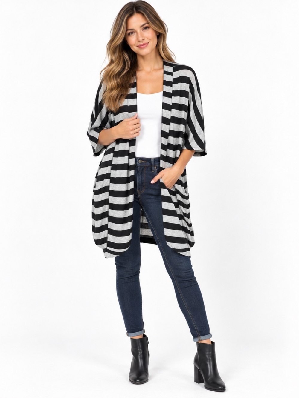 LuLaRoe Striped Open Front Cardigan Size Black Gray Long Duster made in the USA